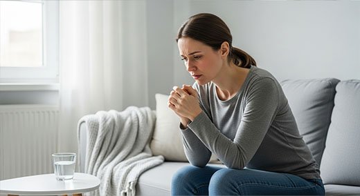 Женщина грустно сидит на кровати, обняв колени